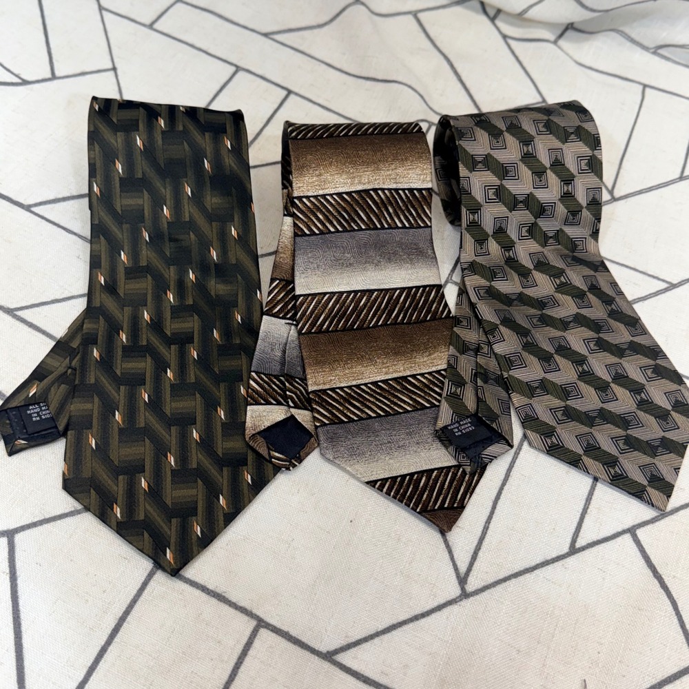 Haggar Silkβ Tie Lot of 3 OS Green Brown Geometric Striped Black Label Neckties